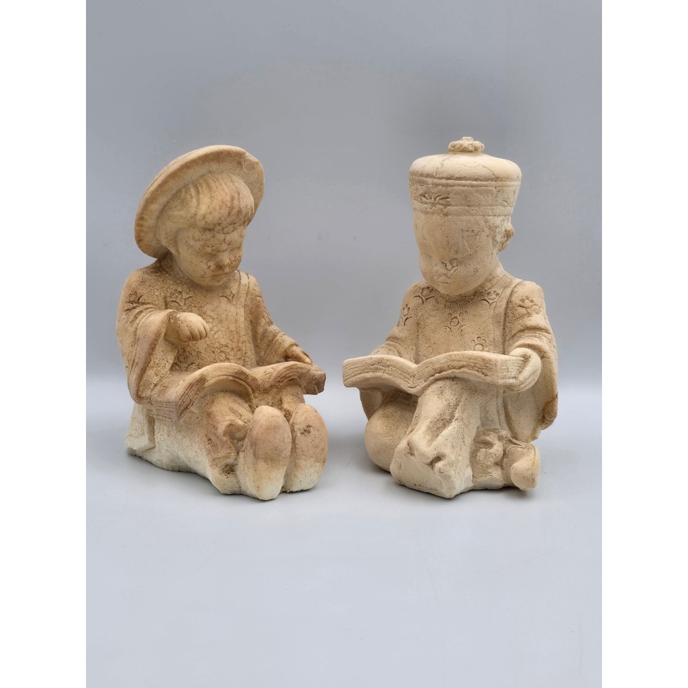 Vintage Asian Boy and Girl Reading Figurines Set 6in Cream Sand Stone‎ unique